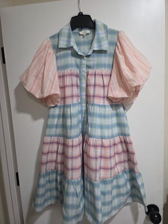 entro Dresses & Skirts - Entro Boutique Pastel Plaid Puff Sleeve Tiered Dress – M – New Without Tags